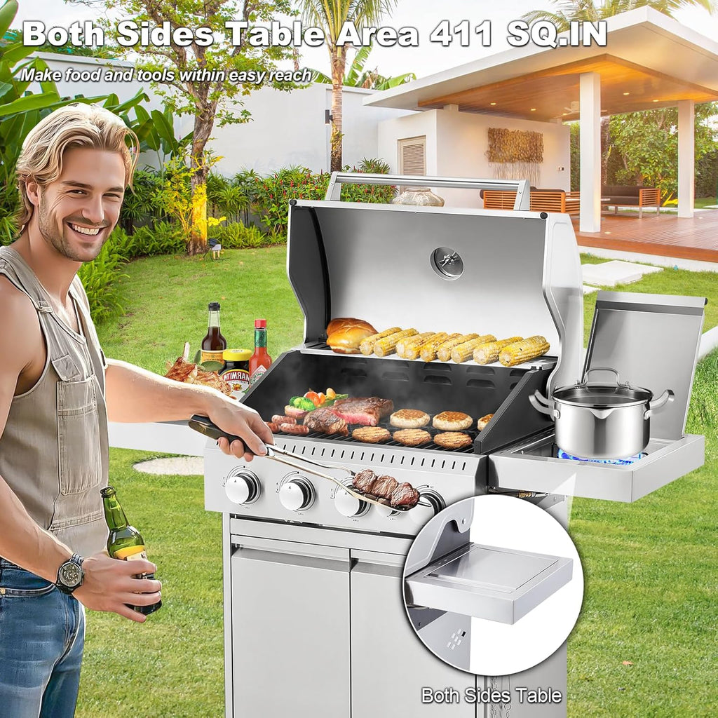 Upgraded 4 Burner BBQ Propane Gas Grill with Cast Iron Grates & Side Stove, 44,000 BTU Stainless Steel Burner Barbecue Grill 