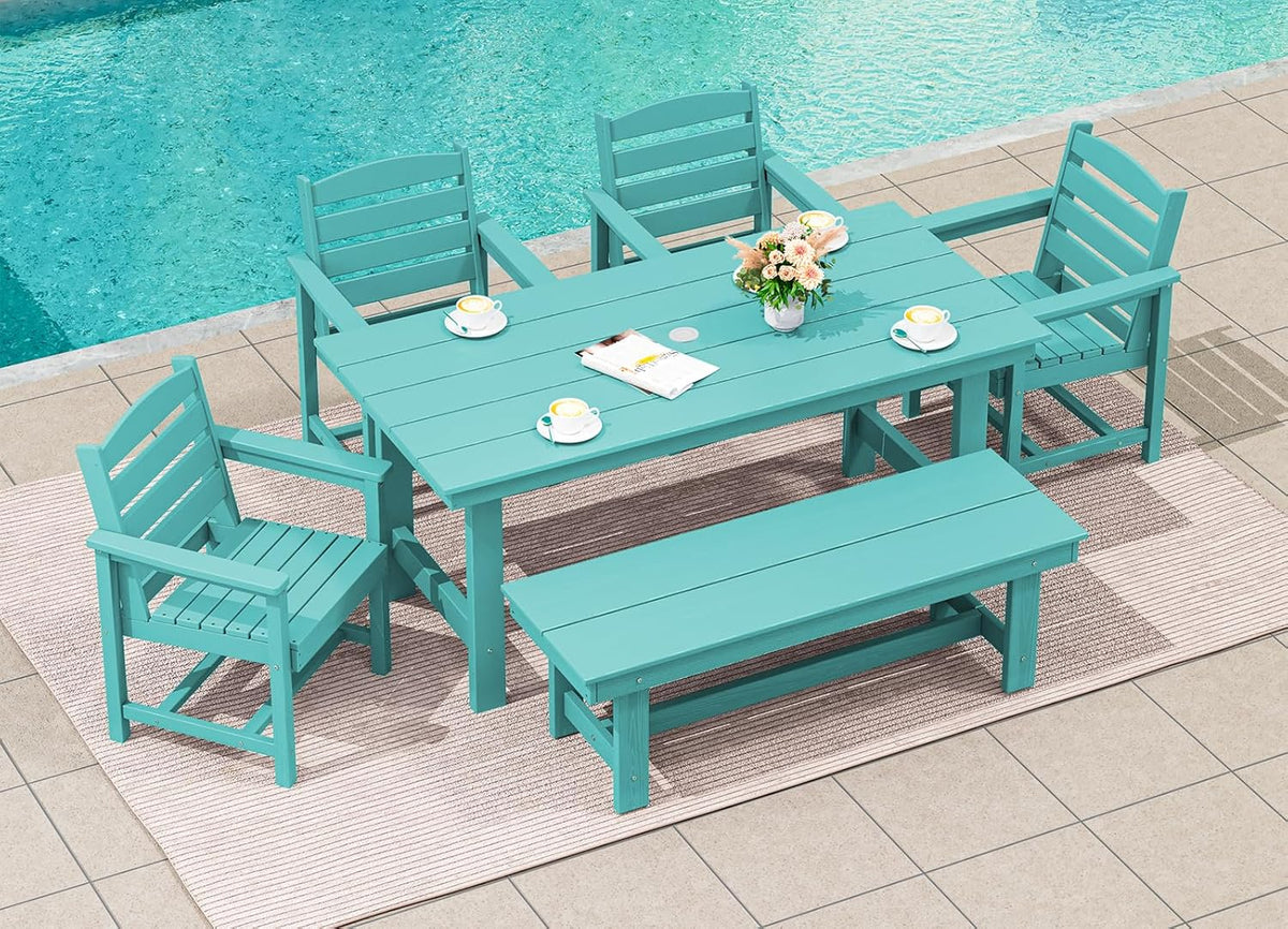 SERWALL 7-Piece Patio Table Set, Outdoor HDPE Dining Furniture with Umbrella Hole, All Weather Table and Chairs for Lawn, Garden, Poolside, Aruba - image 168