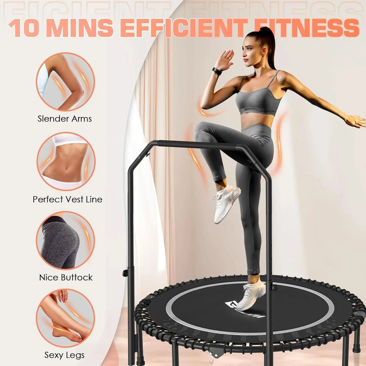 BCAN 450/550 LBS Foldable Mini Trampoline, 40"/48" Fitness Trampoline with Bungees, U Shape Adjustable Foam Handle, Stable & Quiet Exercise Rebounder for Adults Indoor/Outdoor Workout - image 48
