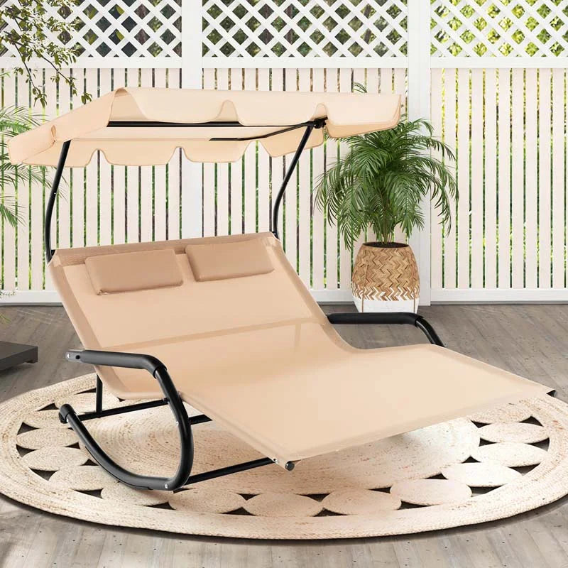 2 Person Patio Hammock Bed Swing Chair Extra Large Outdoor Rocking Chaise Lounge With Adjustable Canopy And Wheels - Comforta