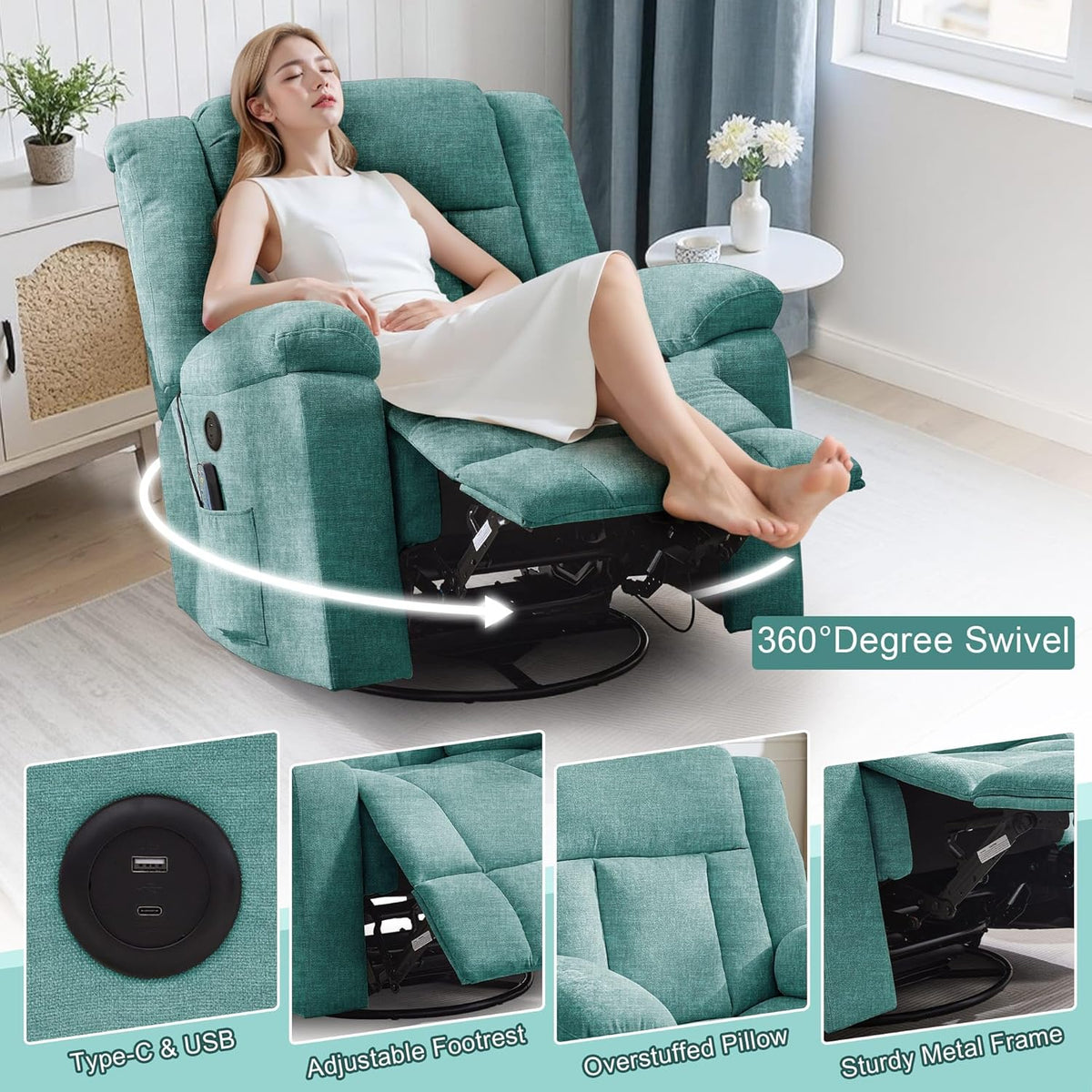 Rocker Recliner, Glider Recliner Chairs for Adults, 360° Swivel Rocking Chair with Massage and Heating, Nursery Chair with Storage and USB Charging for Living Room, Bedroom, Nursery - image 30