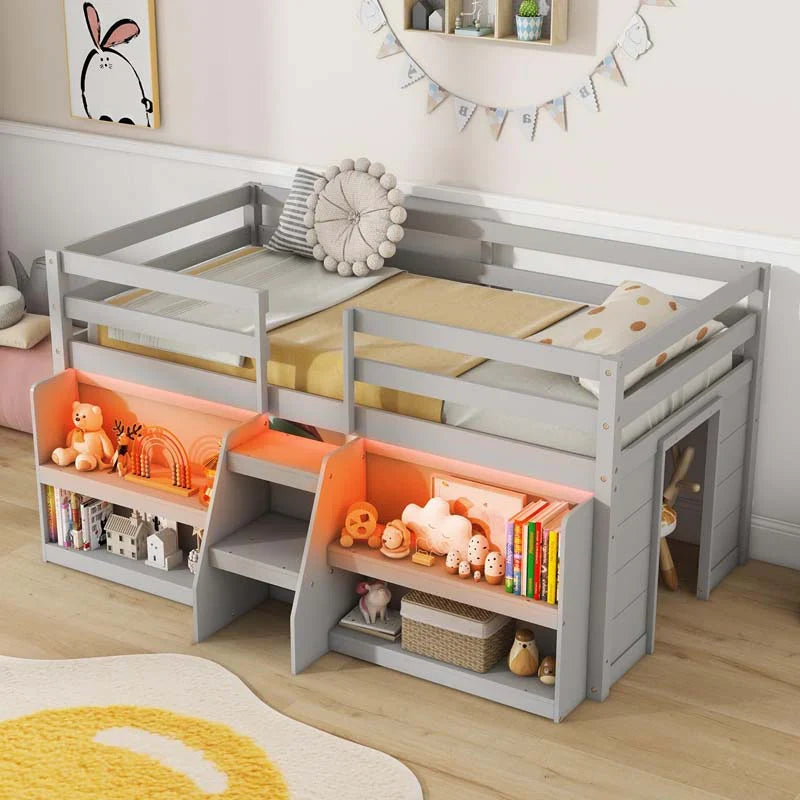 Kids Twin Size Loft Bed with LED Lights, Stairs & Safety Guardrail, Storage Bookcase and Under-bed Play Space - image 1