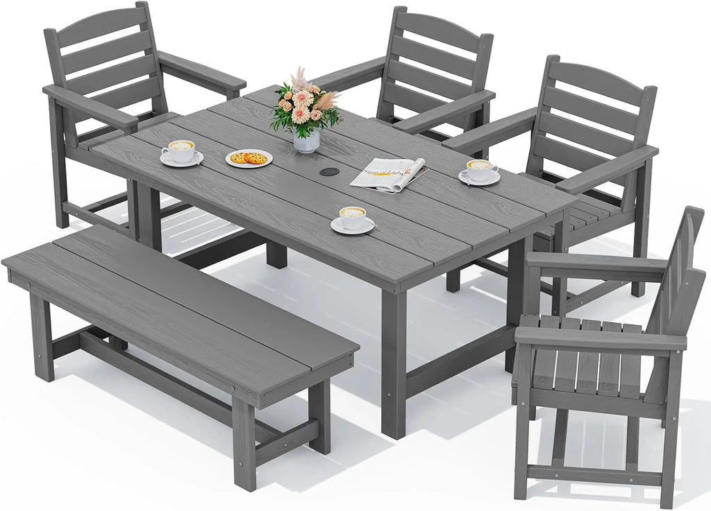 SERWALL 7-Piece Patio Table Set, Outdoor HDPE Dining Furniture with Umbrella Hole, All Weather Table and Chairs for Lawn, Garden, Poolside, Aruba - image 45