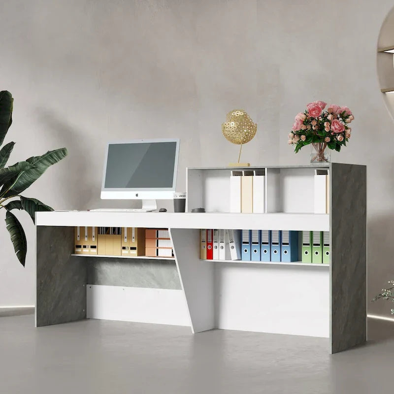 White Reception Desk with Computer Surface and Four Shelves - image 1