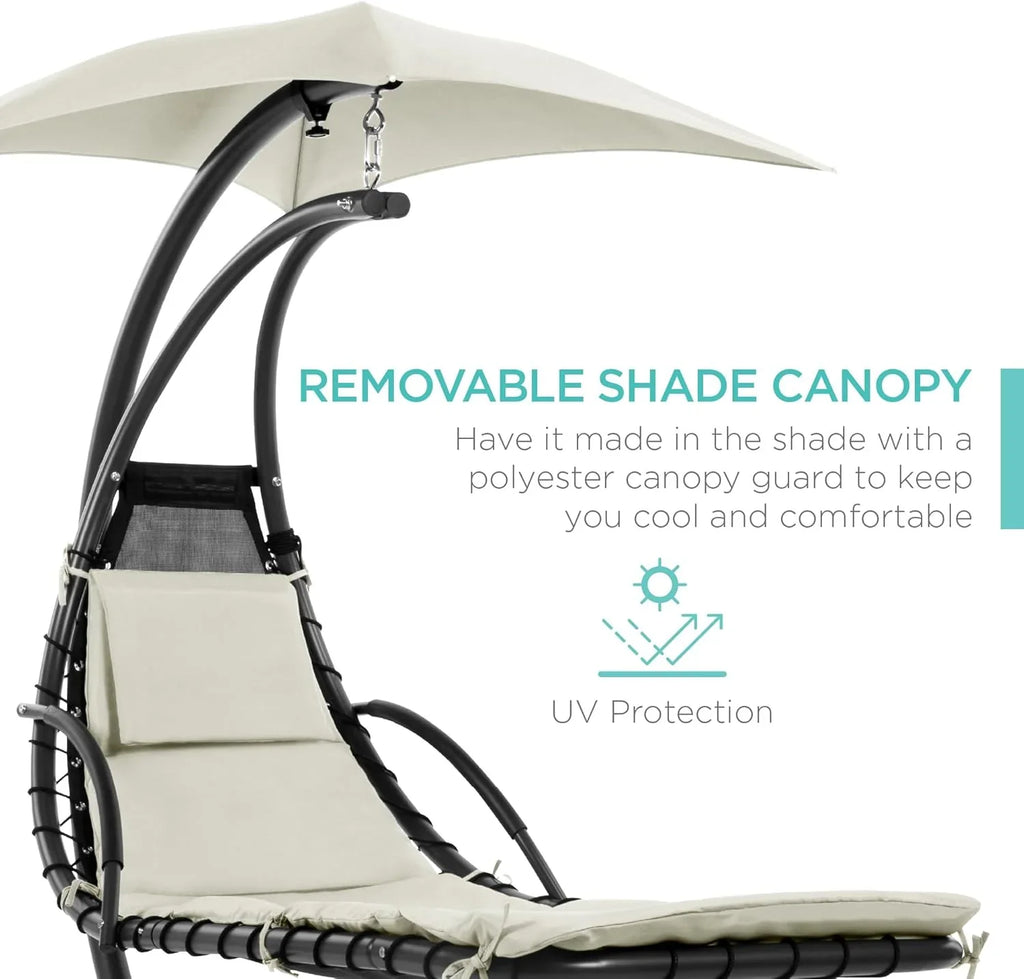 Best Choice Products Outdoor Hanging Curved Steel Chaise Lounge Chair Swing w/Built-in Pillow and Removable Canopy - Charcoal