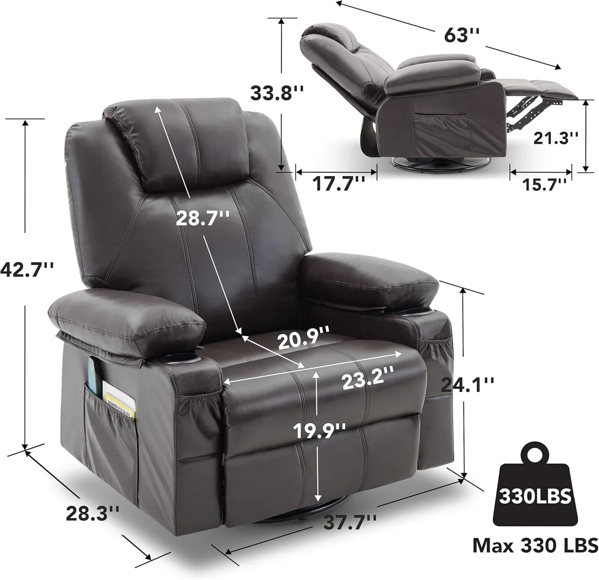 Oversized Swivel Rocker Recliner Chair with Heat and Massage, 360 Degree Swivel Rocking Single Sofa with Cup Holders and USB Port, Large Big Recliner Chair for Living Room (Leather, Brown) - image 39