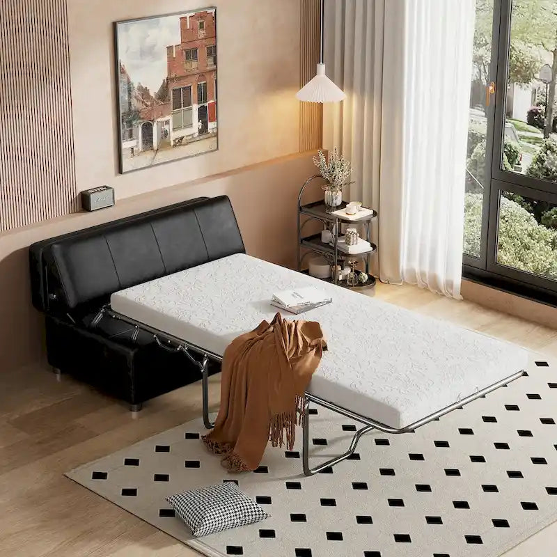 Twin Size Folding Pull out Ottoman Sleeper Bed with Mattress Convertible Guest Bed, PU Upholstered Sleeper Sofa - image 1