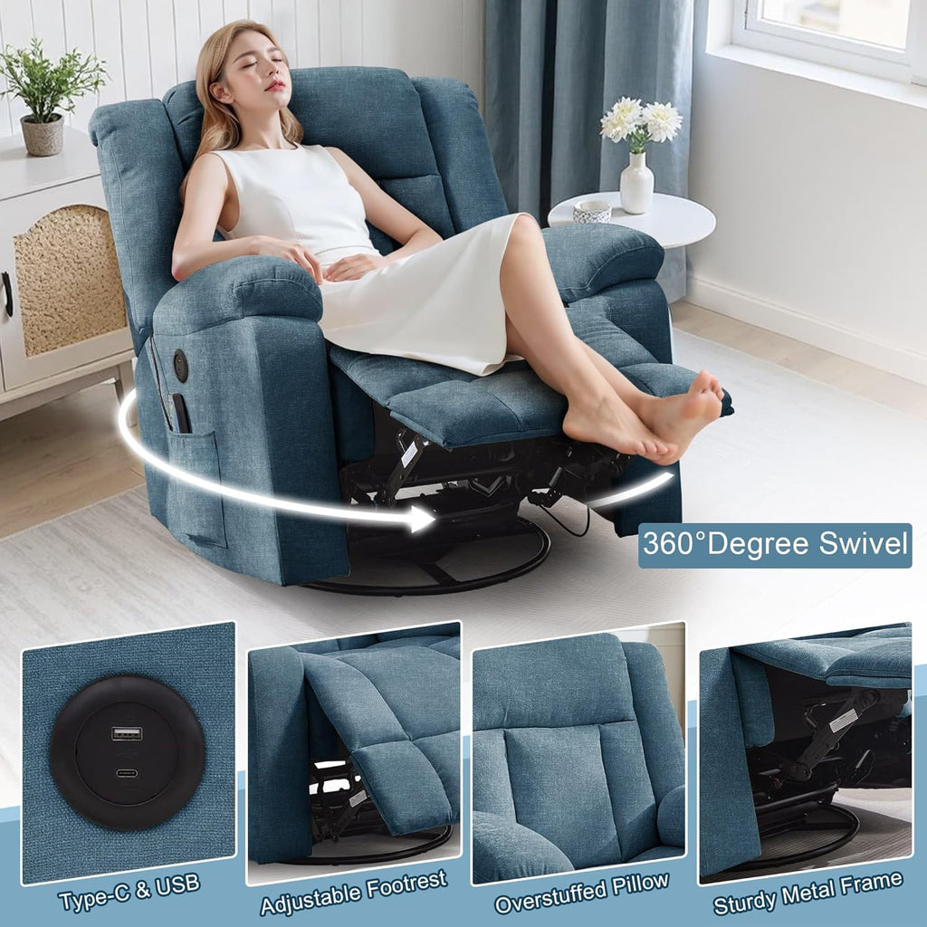 Rocker Recliner, Glider Recliner Chairs for Adults, 360° Swivel Rocking Chair with Massage and Heating, Nursery Chair with Storage and USB Charging for Living Room, Bedroom, Nursery - image 16