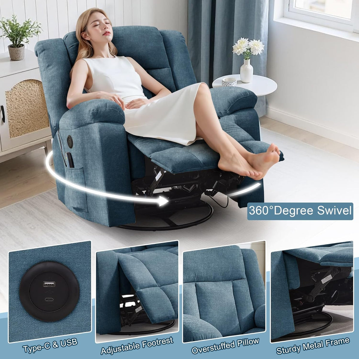 Rocker Recliner, Glider Recliner Chairs for Adults, 360° Swivel Rocking Chair with Massage and Heating, Nursery Chair with Storage and USB Charging for Living Room, Bedroom, Nursery - image 16