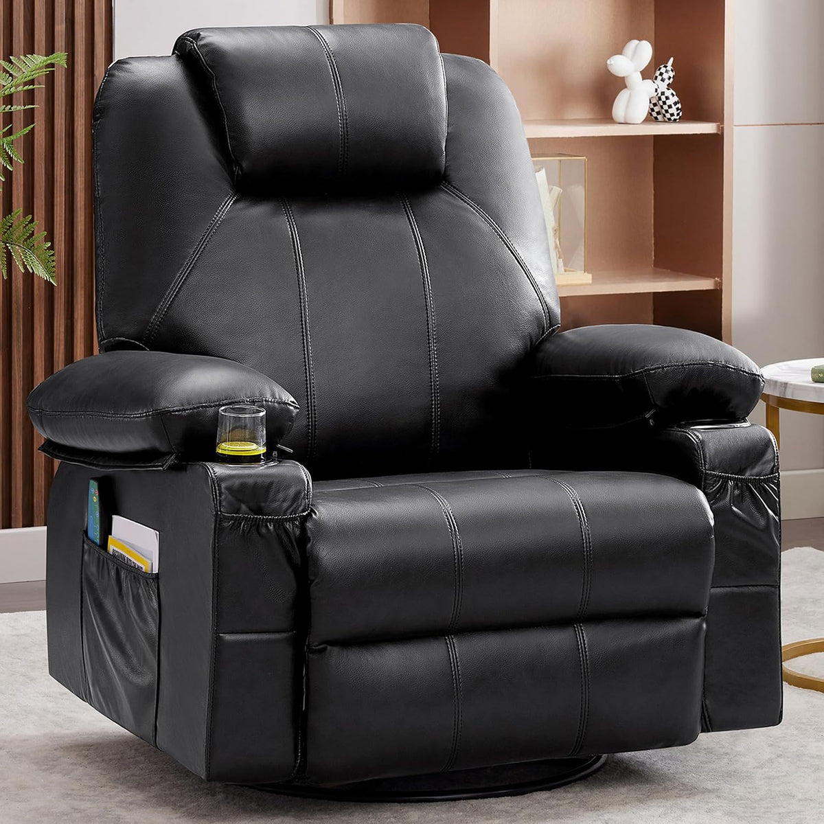 Oversized Swivel Rocker Recliner Chair with Heat and Massage, 360 Degree Swivel Rocking Single Sofa with Cup Holders and USB Port, Large Big Recliner Chair for Living Room (Leather, Brown) - image 2