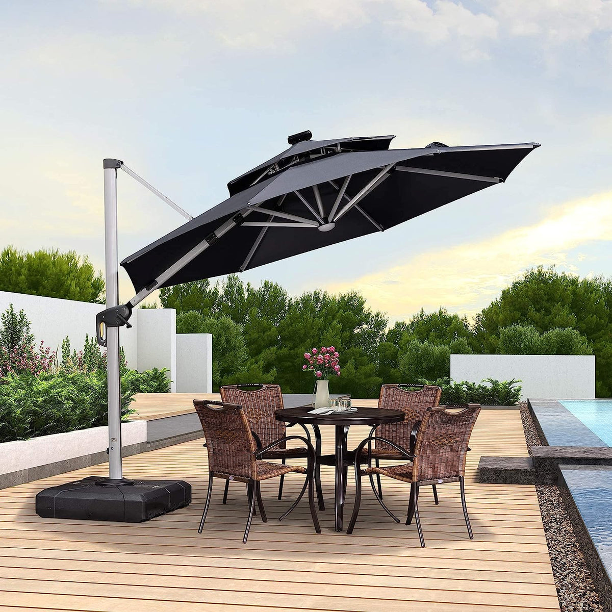 12ft Solar LED Patio Umbrella Outdoor Round Umbrella Large Cantilever Umbrella with LED Lights Windproof Bias Umbrella Heavy 