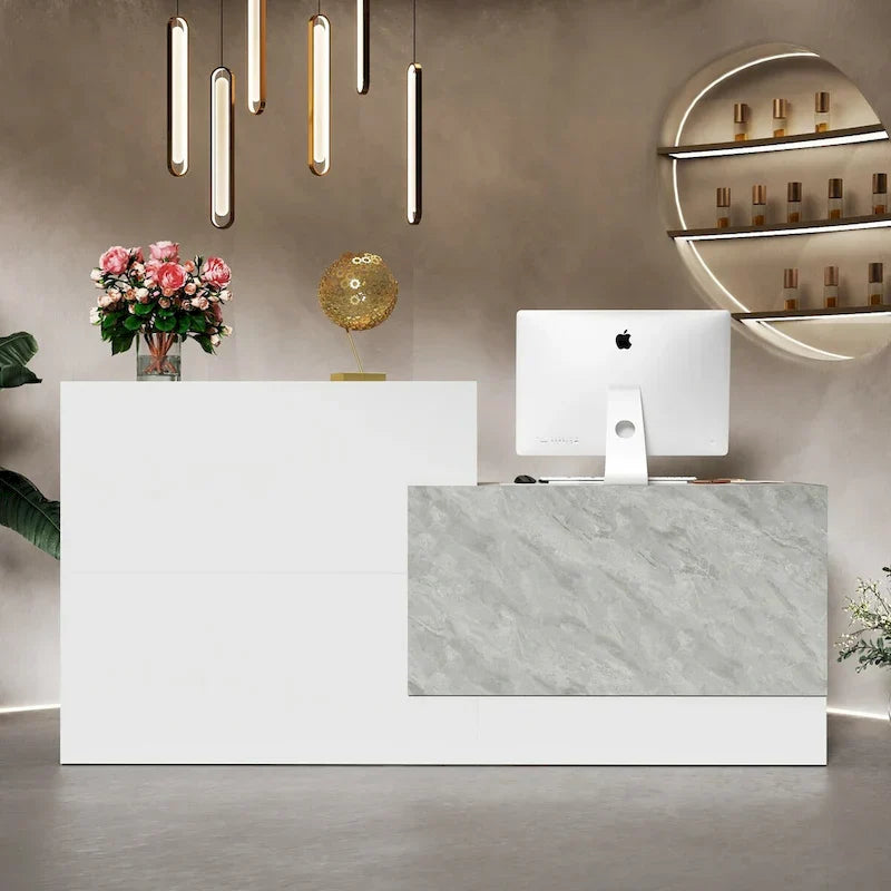 White Reception Desk with Computer Surface and Four Shelves - image 4