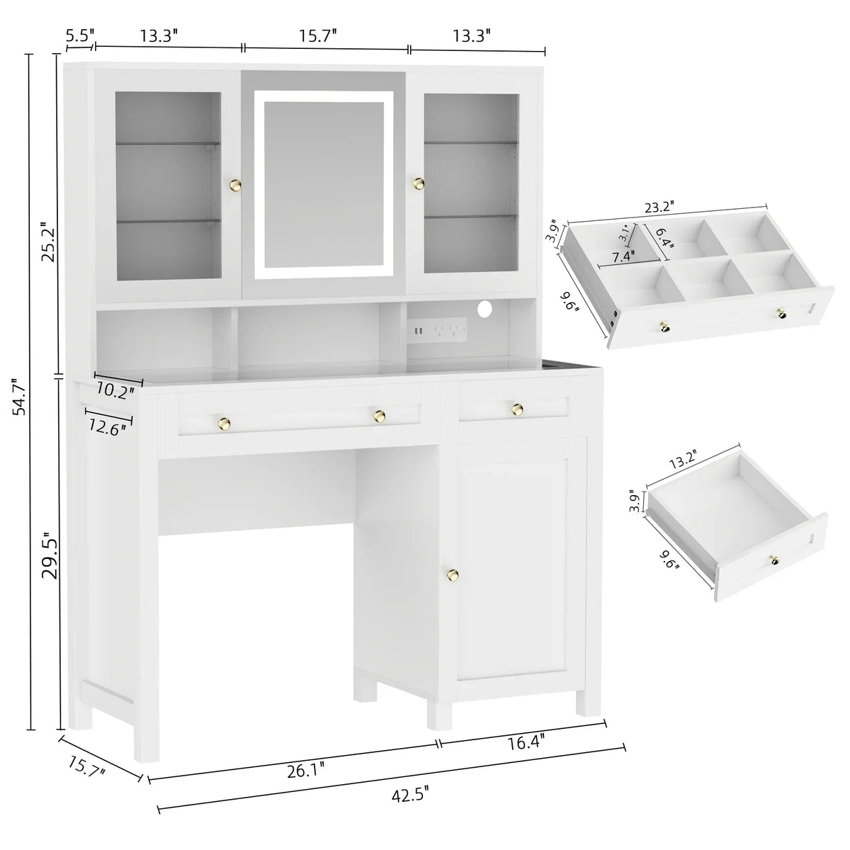 Semoic White Makeup Vanity Desk with LED Mirror and RGB Lights and Power Outlet, Morden Glass Top Vanity Table with Drawer & Storage Cabinet & Adjustable Shelves, Large Dressing Table for Bedroom - image 2
