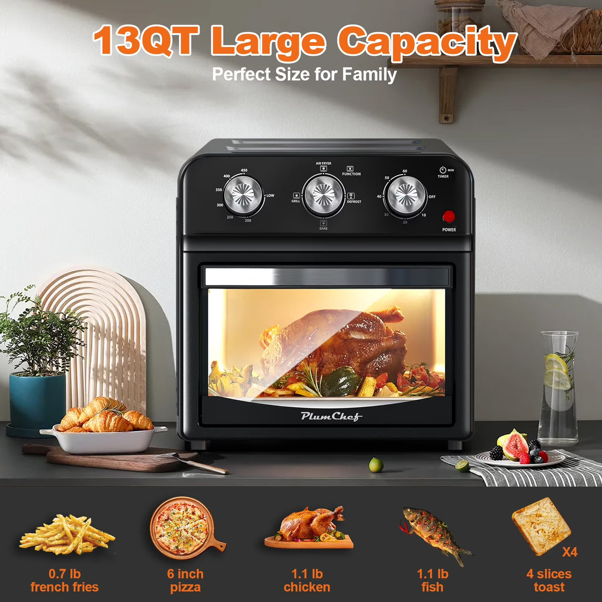 PlumChef 13 Quart 4 Slices Air Fryer Convection Toaster Oven, 1500W, 7 in 1 Multifunction with Roast, Bake, Grill, Broil, Toast, Dehydrate, Defrost - image 5