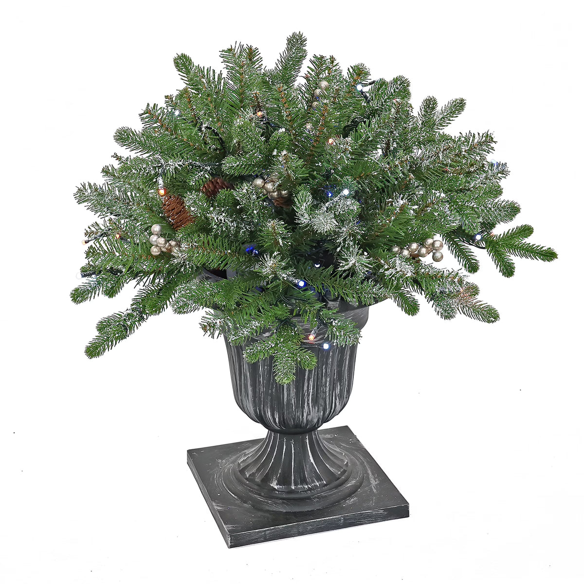 2 ft. Pre-Lit Feel-Real Snowy Morgan Spruce Porch Bush in Silver Brushed Plastic Urn, Green - image 1