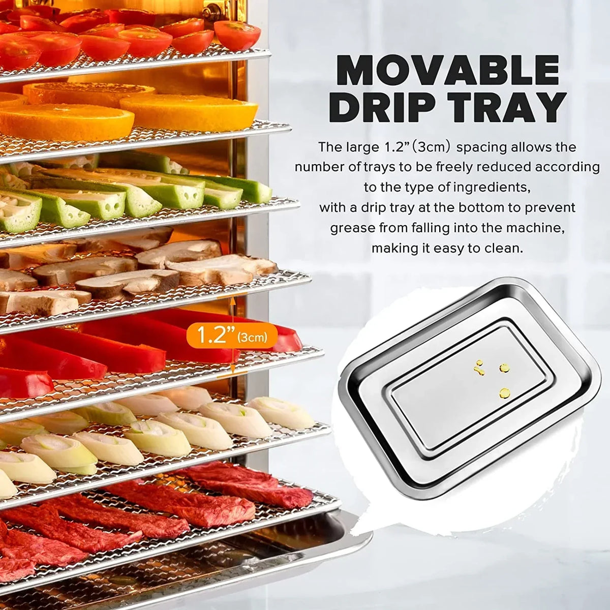 Tray Food Dehydrator, Steel Fruit Dry Machine with 30 90∼C Adjustable Thermostat, 24hr Digital Timer