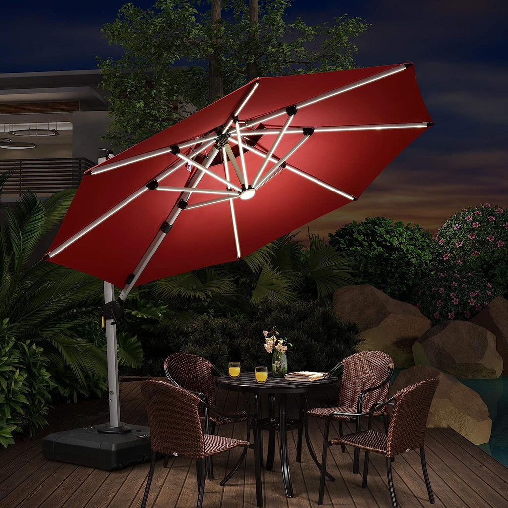 12ft Solar LED Patio Umbrella Outdoor Round Umbrella Large Cantilever Umbrella with LED Lights Windproof Bias Umbrella Heavy 