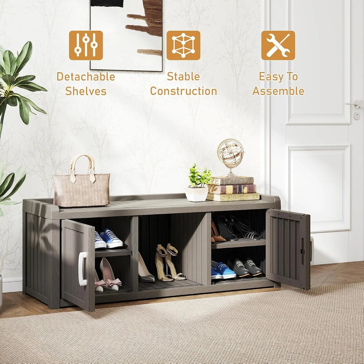 KAMABOKO Outdoor Shoe Storage Cabinet, Waterproof UV-Resistant Entryway Storage Bench Indoor Outdoor with 2 Barn Doors, Adjus