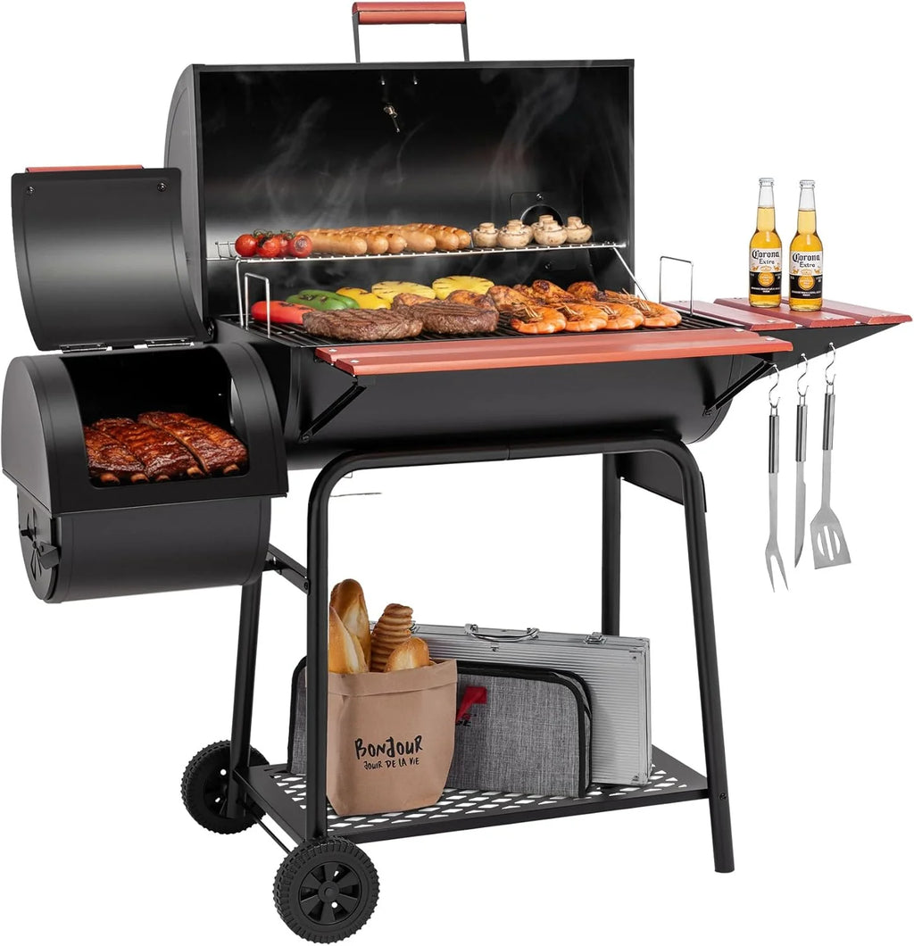 Royal Gourmet CC1830W 30-Inch Charcoal Grill with Offset Smoker and Wood-Painted Side Table Outdoor Smoker Grill with 811 Sq.
