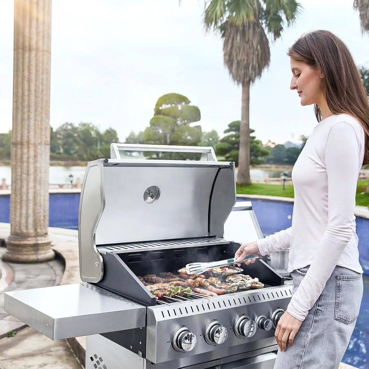 Upgraded 4 Burner BBQ Propane Gas Grill with Cast Iron Grates & Side Stove, 44,000 BTU Stainless Steel Burner Barbecue Grill 