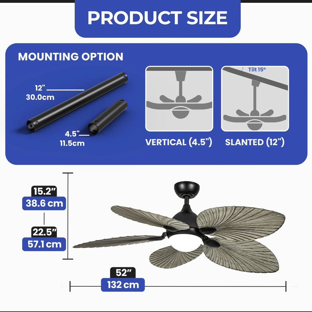 ModFusion 52" Gray Black Coastal Ceiling Fan with Palm Leaf Blades, LED Light & Remote -C Quiet Reversible DC Motor Indoor/Outdoor - image 8