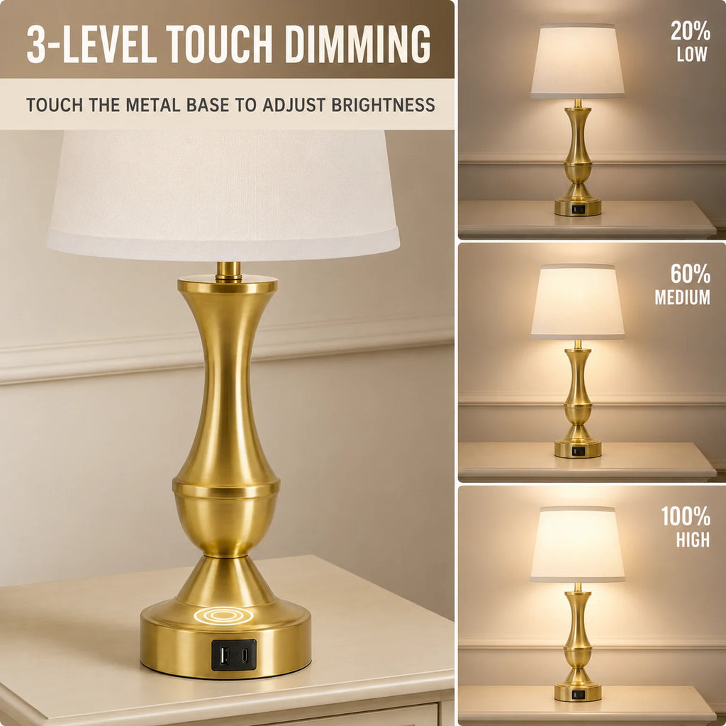 Set of 2 Gold Touch-Control Table Lamps with USB-C and USB-A Ports, White Linen Shades - image 4