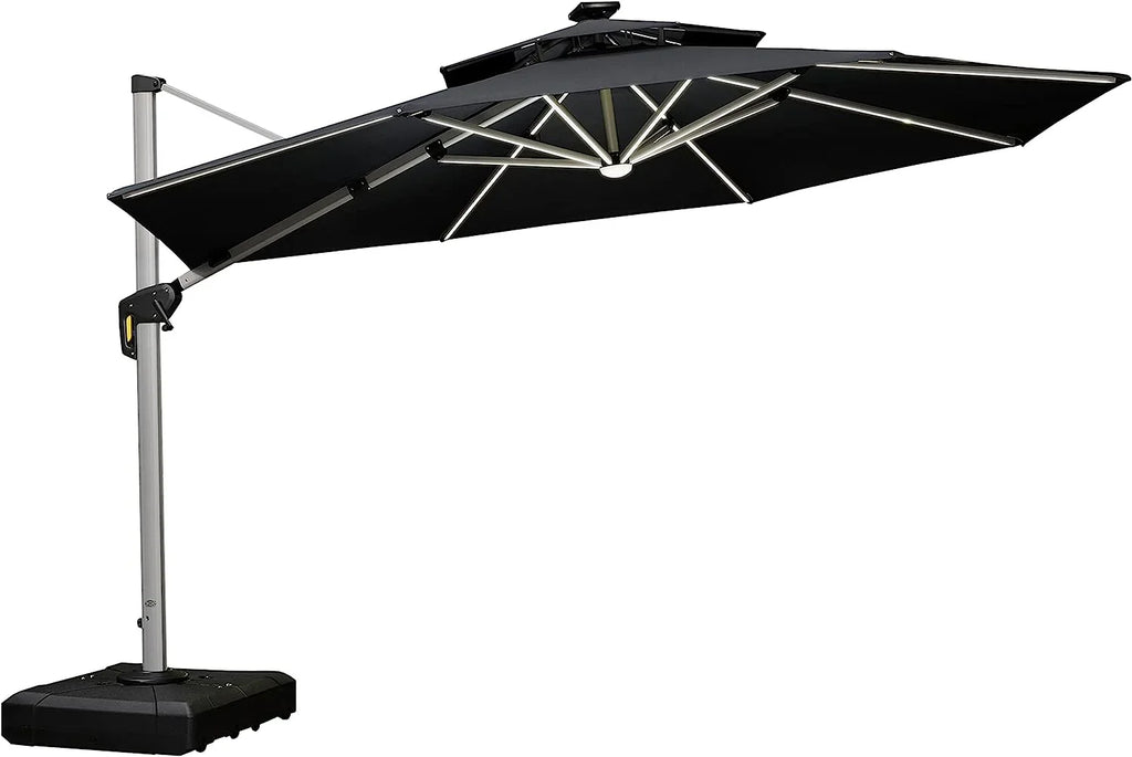 12ft Solar LED Patio Umbrella Outdoor Round Umbrella Large Cantilever Umbrella with LED Lights Windproof Bias Umbrella Heavy 
