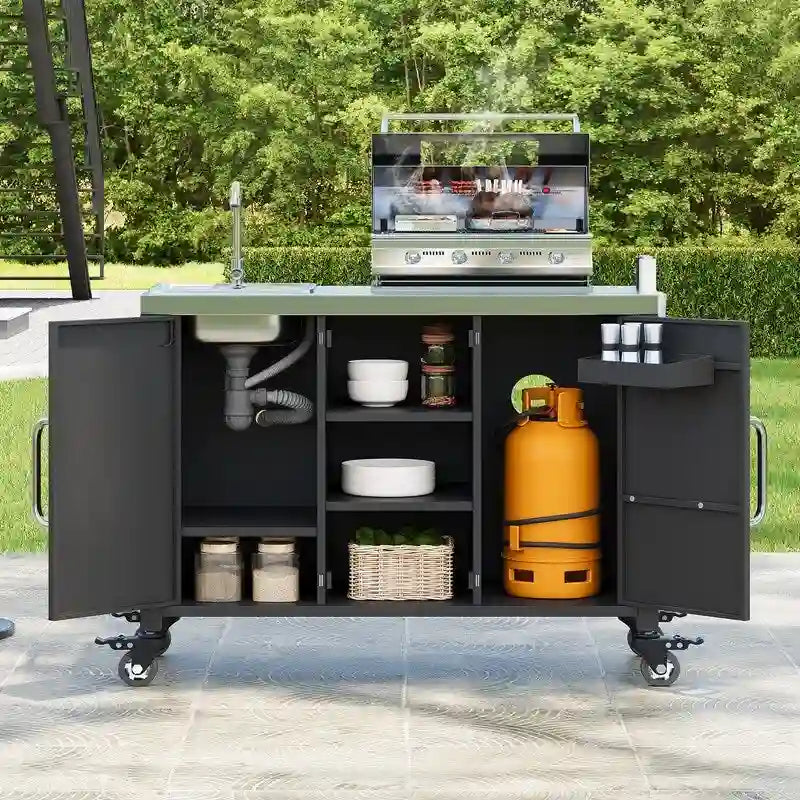 Outdoor Kitchen Island with Sink, Outdoor Bar Cart Sink Station with 4 Lockable Wheels - image 2