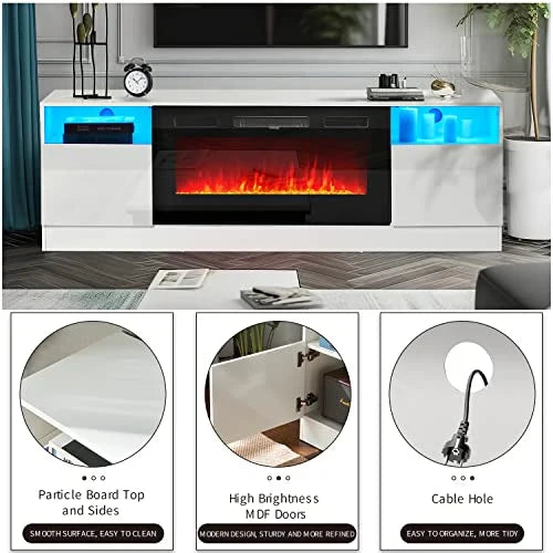 Oneinmil Fireplace TV Stand with 36" Electric Fireplace, LED Light Entertainment Center, Modern Wood, White