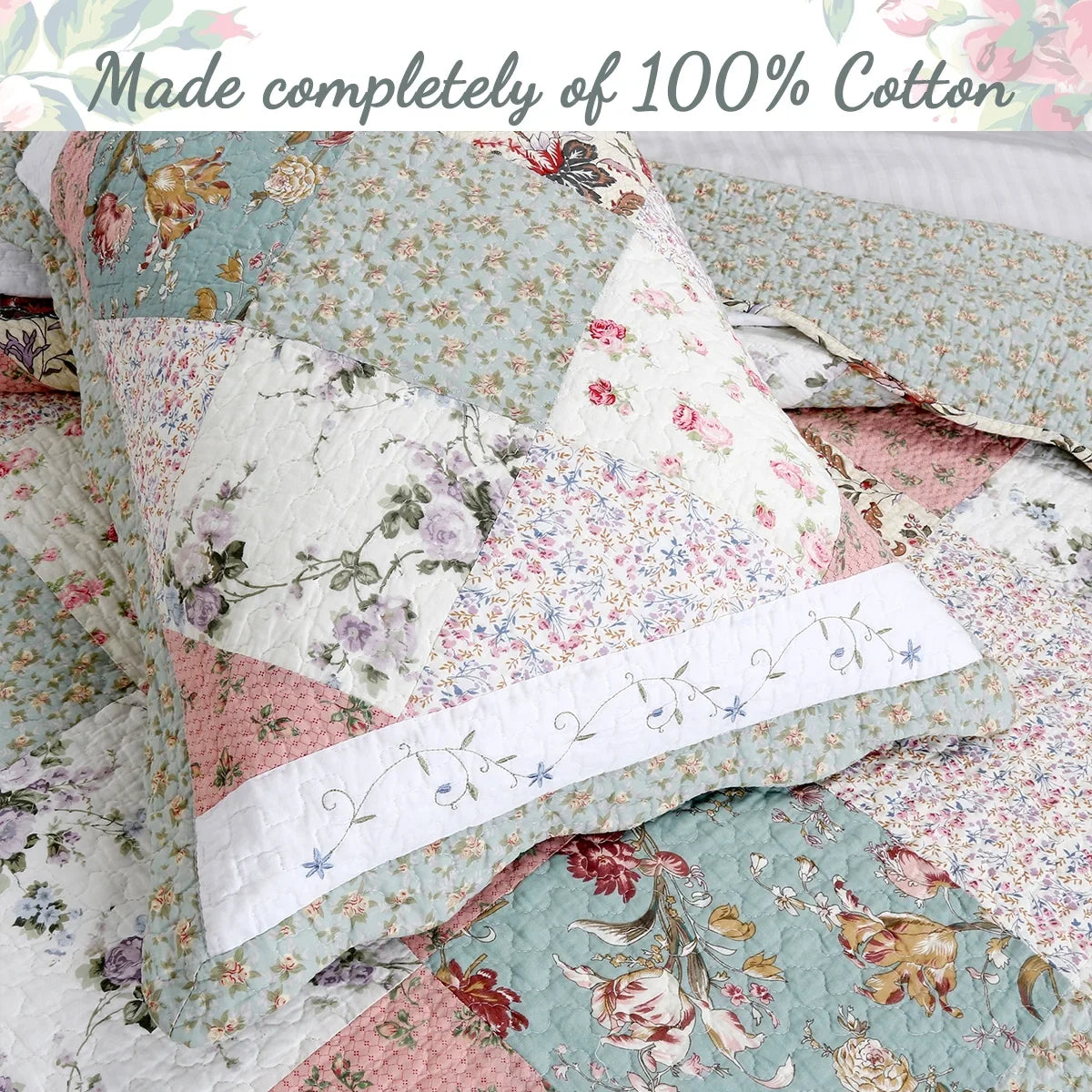 Cozy Line Home Floral Patchwork Cotton Reversible Queen Quilt Set, Blue, 3-Piece - image 2