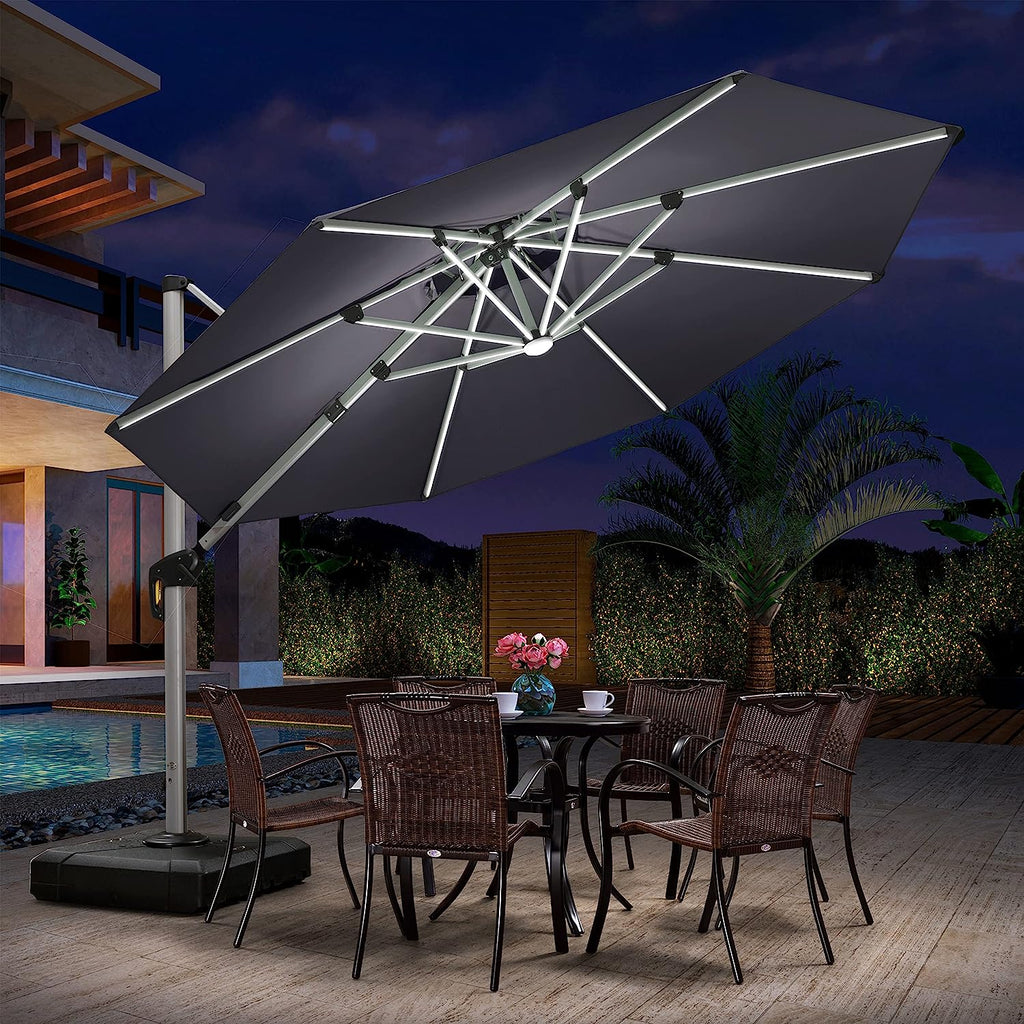 12ft Solar LED Patio Umbrella Outdoor Round Umbrella Large Cantilever Umbrella with LED Lights Windproof Bias Umbrella Heavy 