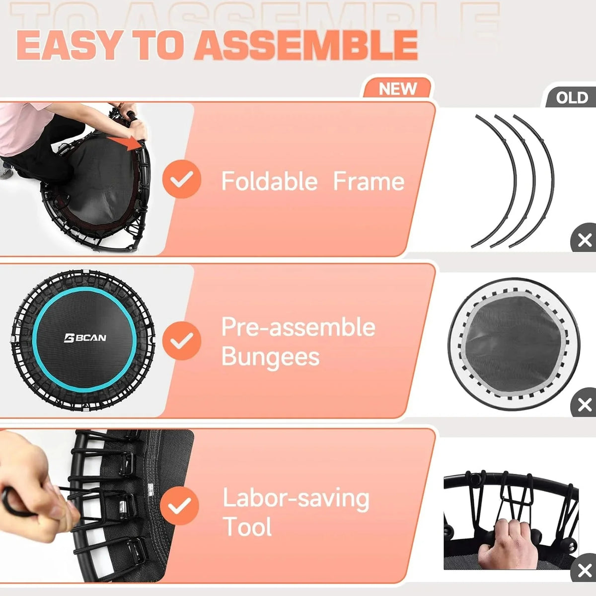 BCAN 450/550 LBS Foldable Mini Trampoline, 40"/48" Fitness Trampoline with Bungees, U Shape Adjustable Foam Handle, Stable & Quiet Exercise Rebounder for Adults Indoor/Outdoor Workout - image 24