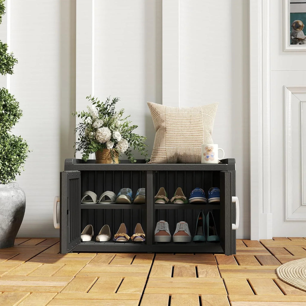 KAMABOKO Outdoor Shoe Storage Cabinet, Waterproof UV-Resistant Entryway Storage Bench Indoor Outdoor with 2 Barn Doors, Adjus