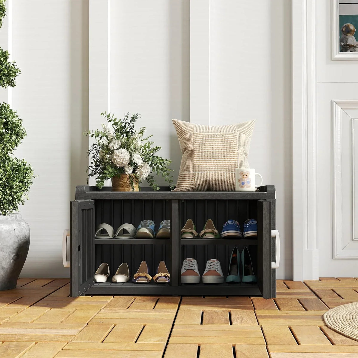 KAMABOKO Outdoor Shoe Storage Cabinet, Waterproof UV-Resistant Entryway Storage Bench Indoor Outdoor with 2 Barn Doors, Adjus