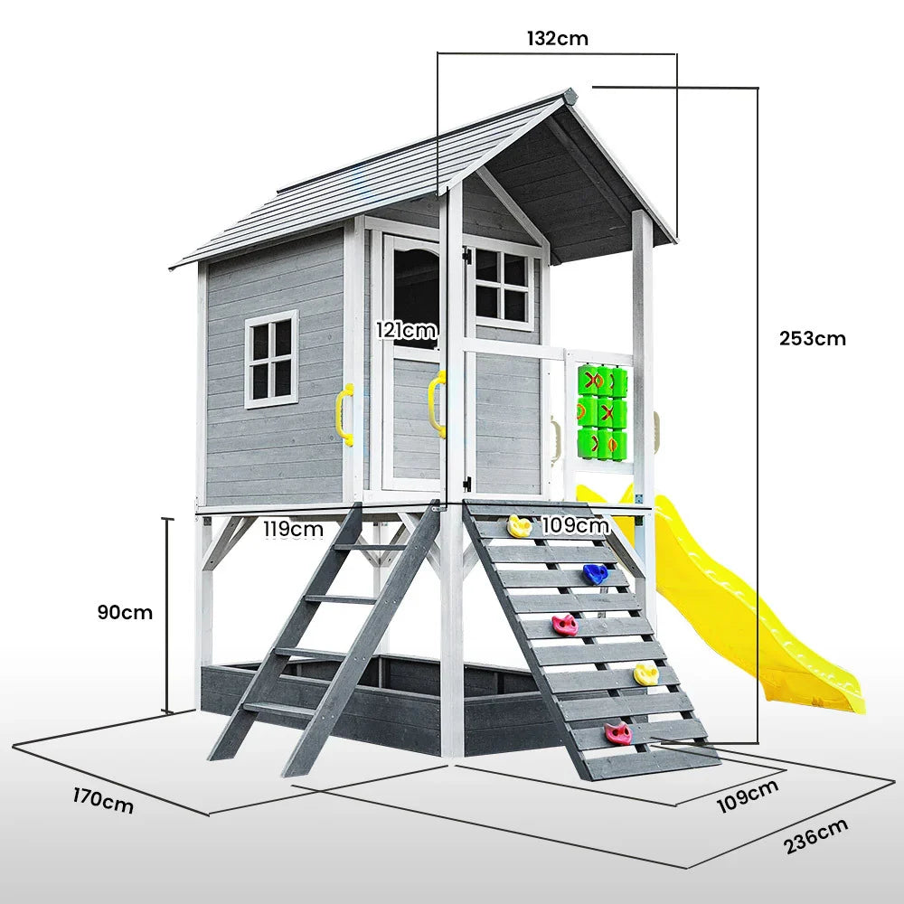 ROVO KIDS Wooden Tower Cubby House with Slide, Sandpit, Climbing Wall, Noughts & Crosses - image 6