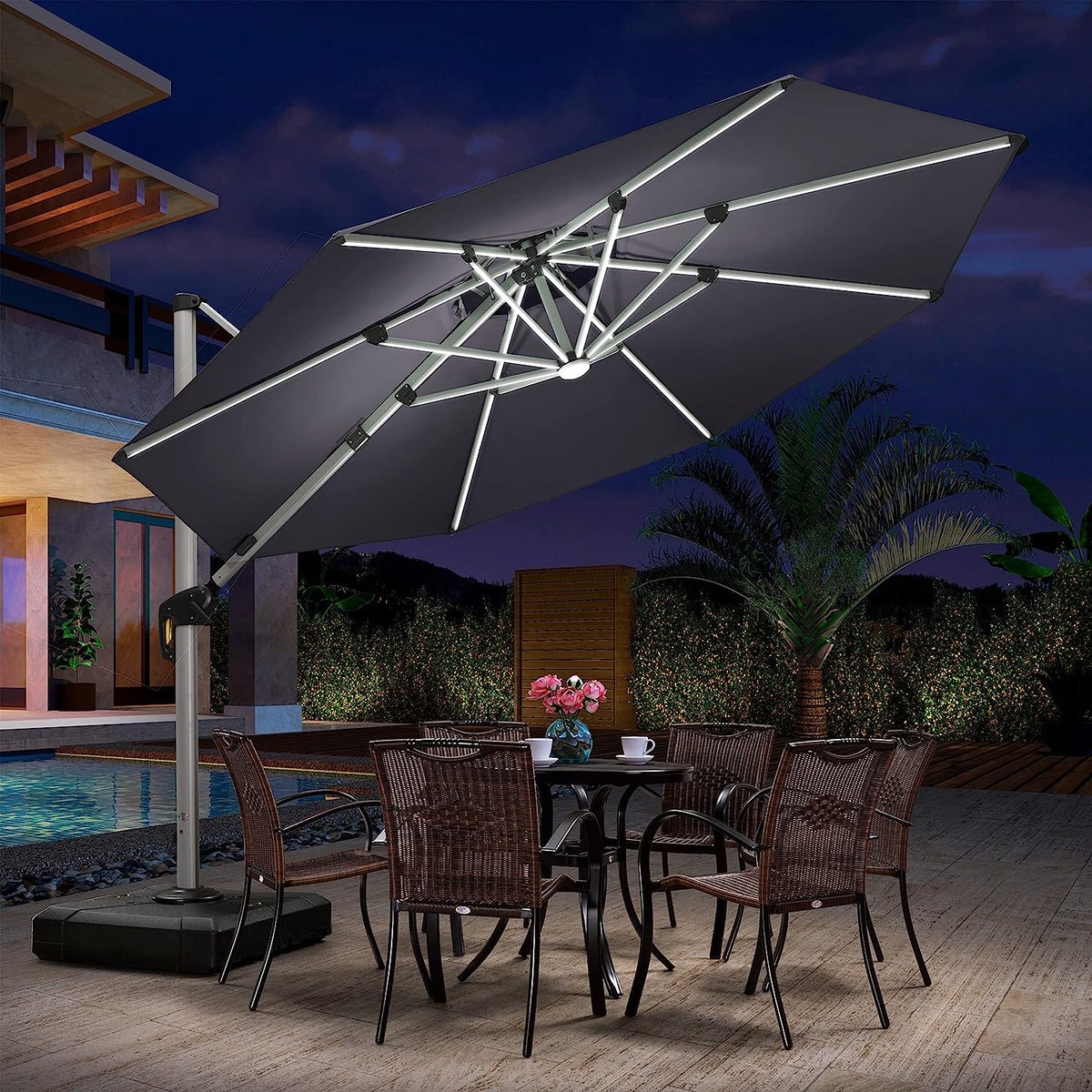 12ft Solar LED Patio Umbrella Outdoor Round Umbrella Large Cantilever Umbrella with LED Lights Windproof Bias Umbrella Heavy 