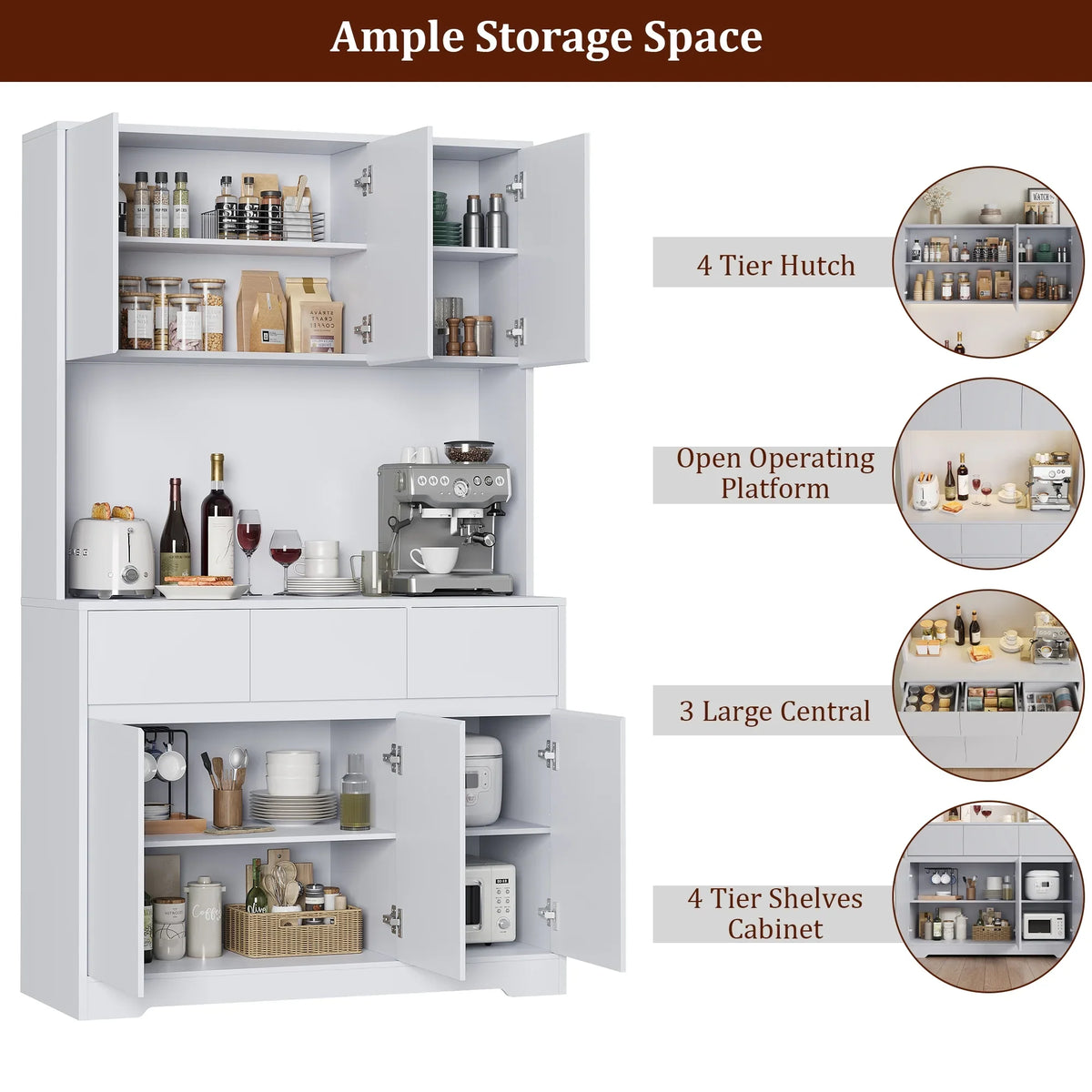 Homfa 70.9'' Tall Kitchen Pantry Cabinet with Charge Station & Led Light, 3 Drawer Storage Cabinet with Adjustable Shelves, White - image 24