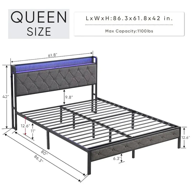 Upholstered Queen Bed Frame with Built-in Charging Station and LED Lights - Sturdy Platform Design with Heavy Metal Slats, No Box Spring Required - image 7