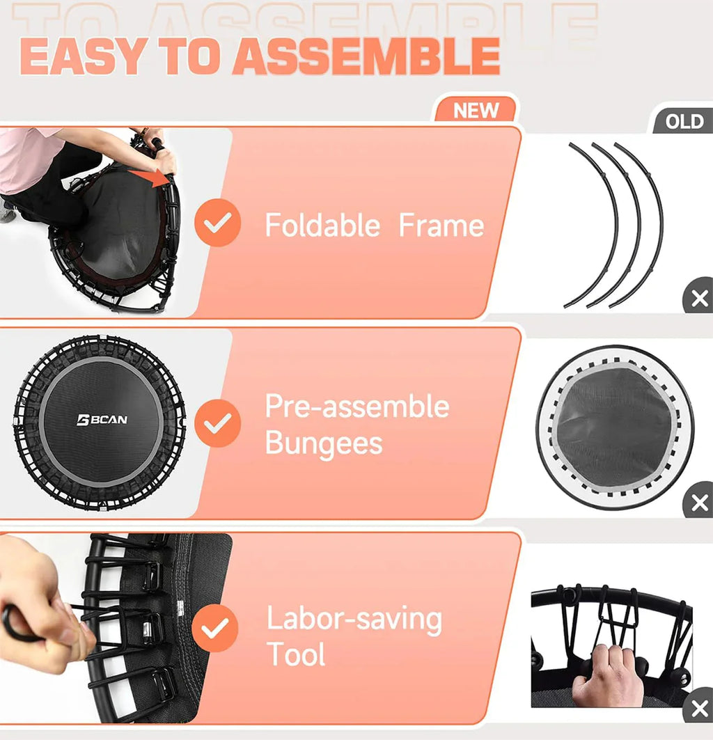 BCAN 450/550 LBS Foldable Mini Trampoline, 40"/48" Fitness Trampoline with Bungees, U Shape Adjustable Foam Handle, Stable & Quiet Exercise Rebounder for Adults Indoor/Outdoor Workout - image 55