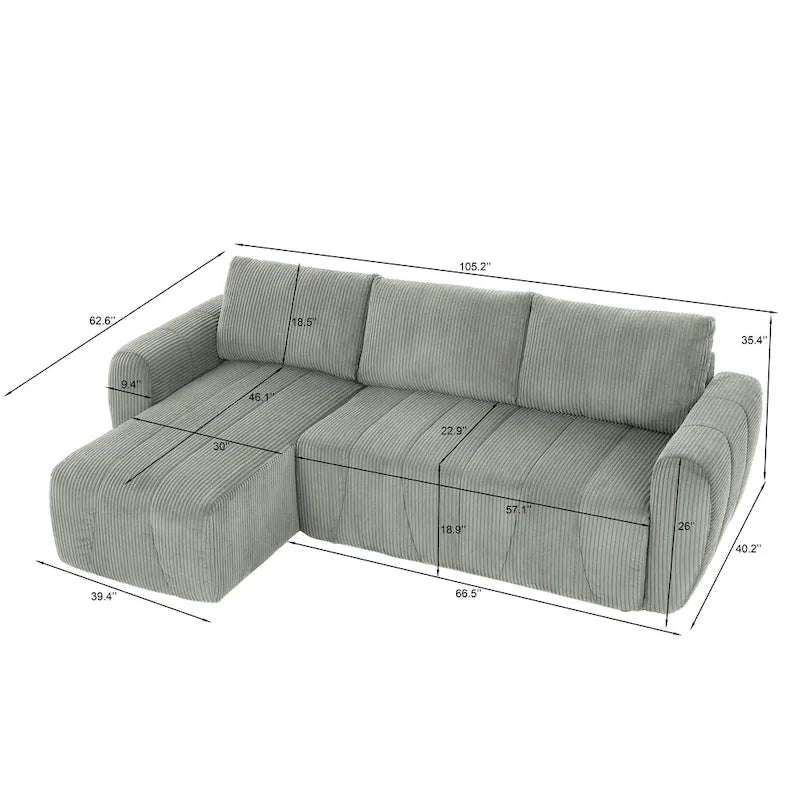 Grey 105.2" Corduroy L-Shaped Convertible Sleeper Sectional with Storage Compartment - image 12