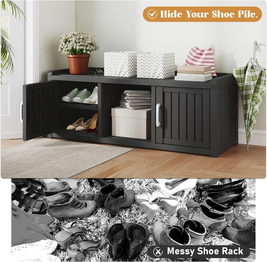 KAMABOKO Outdoor Shoe Storage Cabinet, Waterproof UV-Resistant Entryway Storage Bench Indoor Outdoor with 2 Barn Doors, Adjus