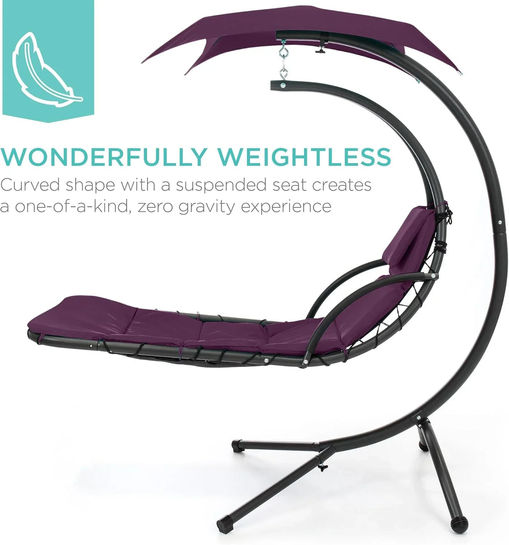 Best Choice Products Outdoor Hanging Curved Steel Chaise Lounge Chair Swing w/Built-in Pillow and Removable Canopy - Charcoal