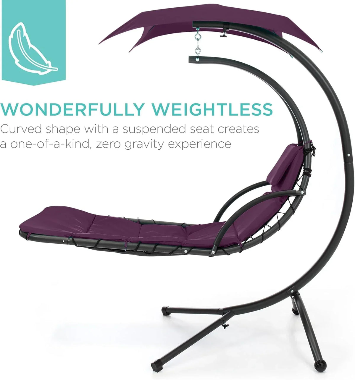 Best Choice Products Outdoor Hanging Curved Steel Chaise Lounge Chair Swing w/Built-in Pillow and Removable Canopy - Charcoal
