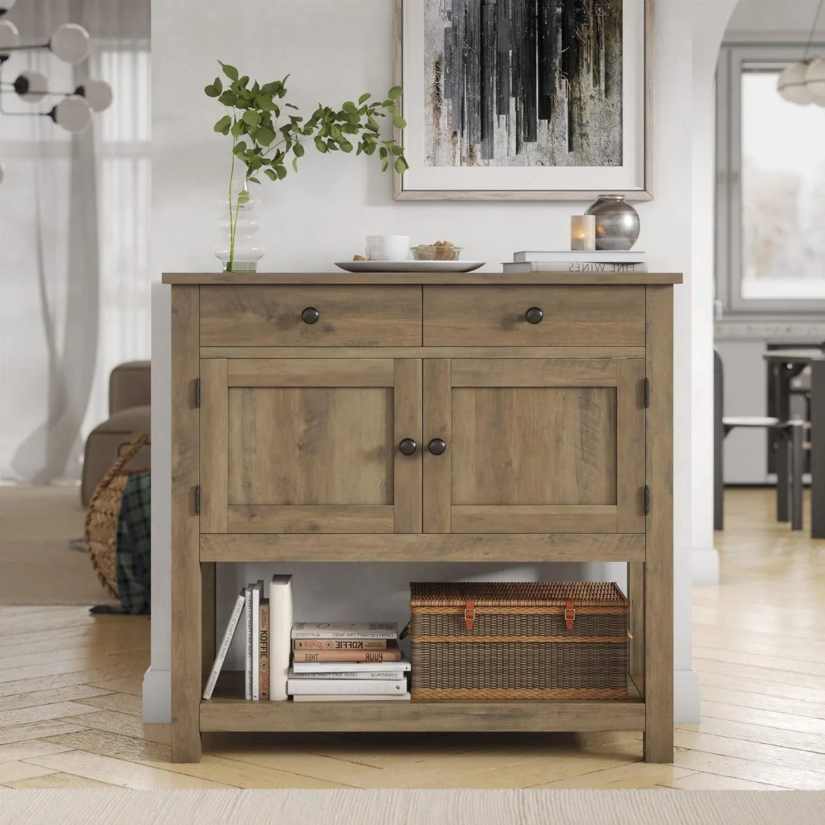 HOSTACK Farmhouse Console Table with 2-Door Cabinet & 2 Drawers, Coffee Bar, Entryway Table with Storage Shelf, Sofa Tables Buffet Sideboard for Kitchen, Hallway, Dining, Living Room, Rustic Brown - image 5