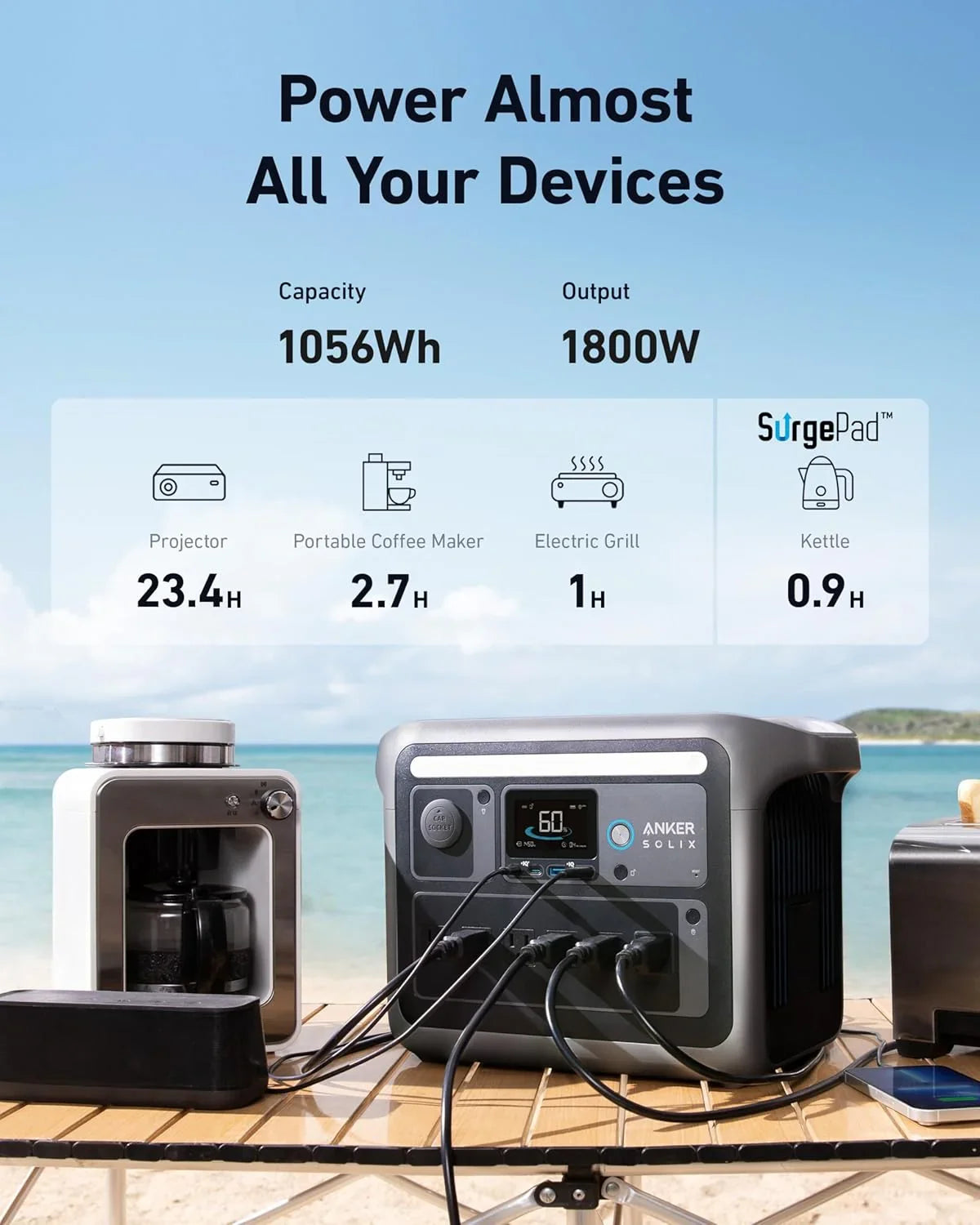 SOLIX C1000 Portable Power Station with 200W Solar Panel, 1800W Solar Generator, 1056wh LFP (LiFePO4) Battery, 6 AC Outlets, 