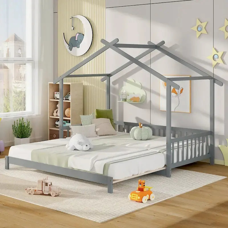 Gymax Twin to King Wooden House Bed Daybed with Safety Rails & Customizable Design - image 1