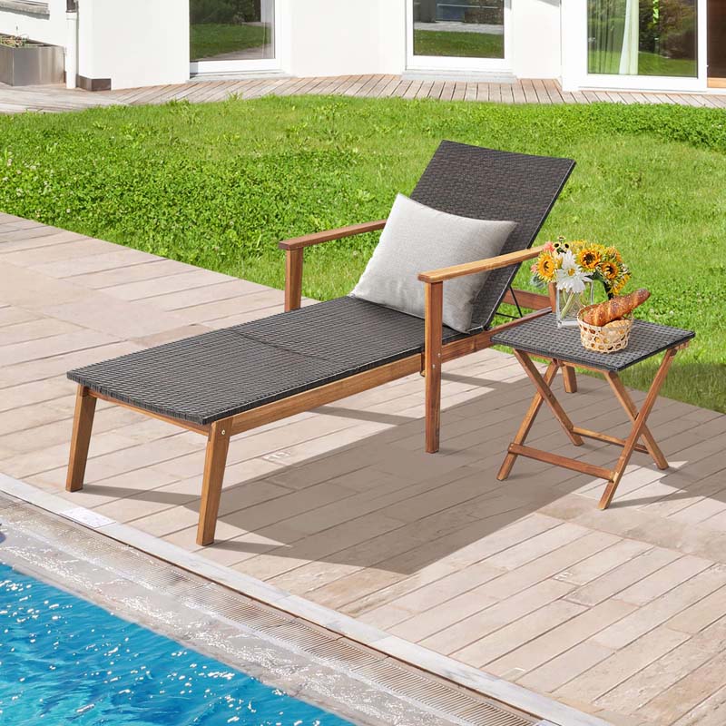 Acacia Wood Amp Rattan Patio Beach Outdoor Chaise Lounge Chairs Pool Sun Lounger Set With Folding Side Table - High Quality S