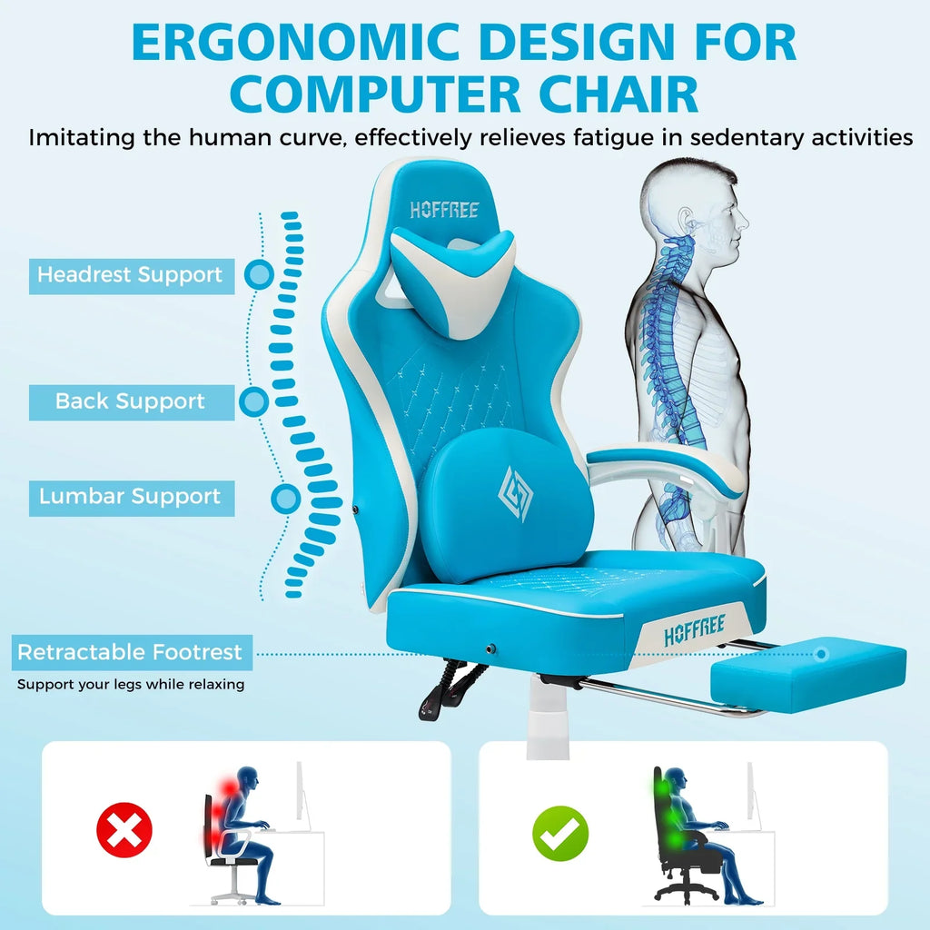 Hoffree Gaming Chair with Massage and Footrest Big and Tall Gamer Chair with Headrest and Lumbar Support PU Computer Game Chair for Adults Office - image 19