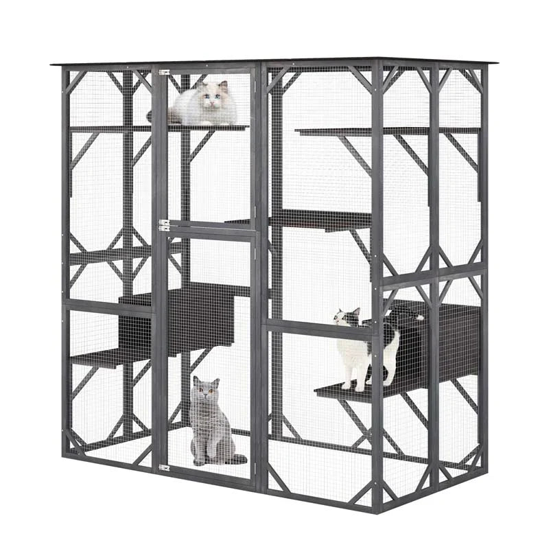 71" Tall Large Cat House Outdoor Catio Kitty Enclosure, Walk-in Cat Kennel Condo, Wooden Cat Cage Playpen with 7 Platforms - image 5