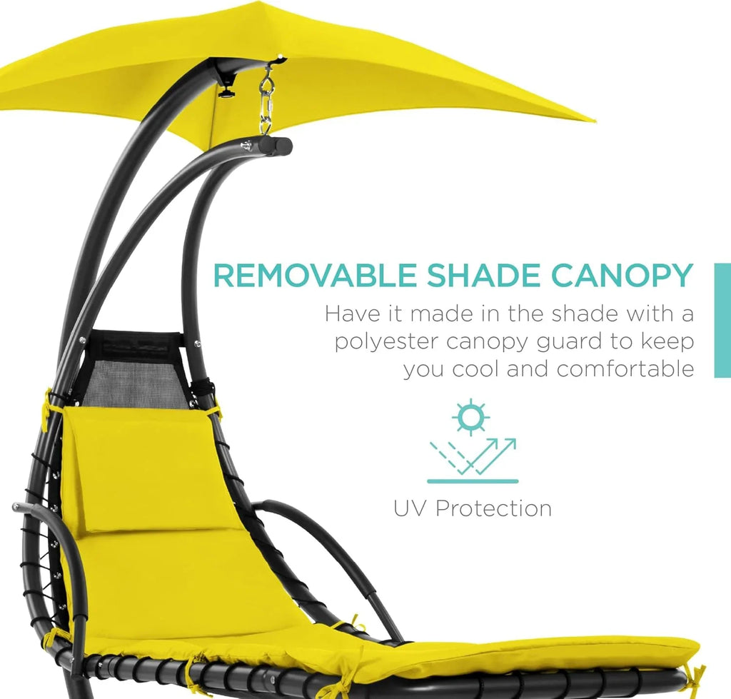 Best Choice Products Outdoor Hanging Curved Steel Chaise Lounge Chair Swing w/Built-in Pillow and Removable Canopy - Charcoal